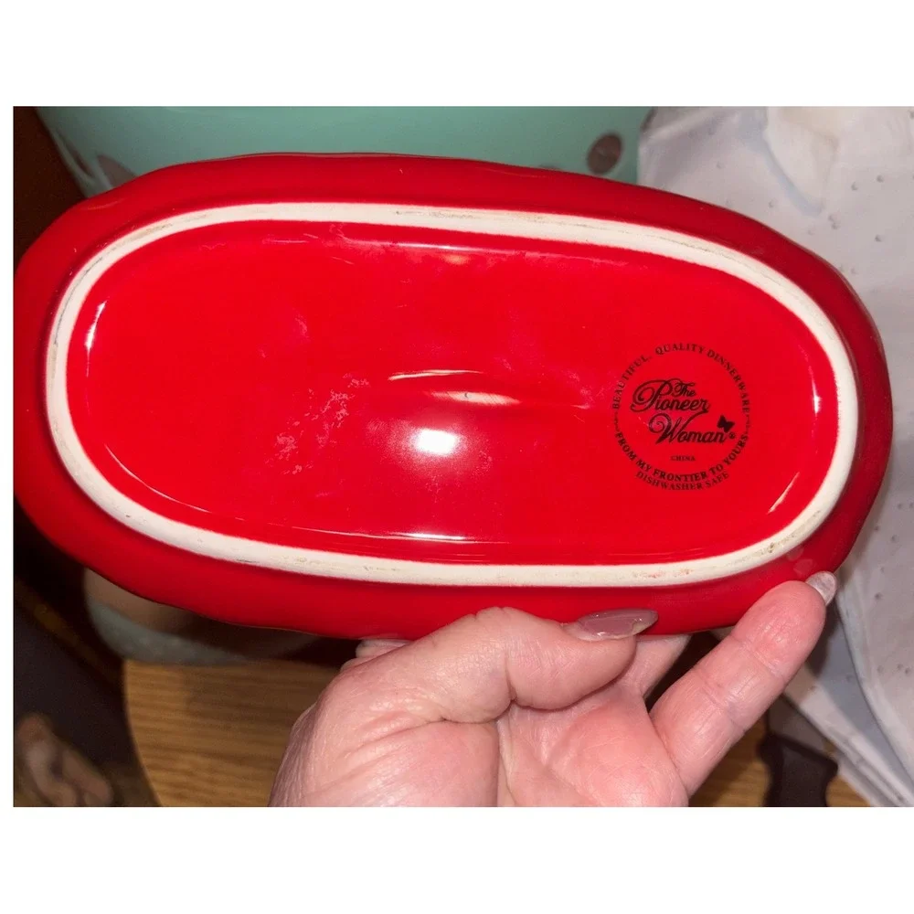 The Pioneer Woman Floral Butterfly Ceramic Butter Dish Red Scalloped Base